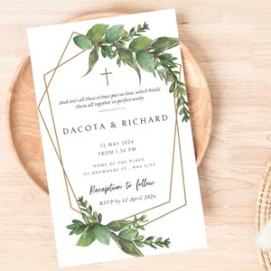 May include: Wedding invitation with a gold geometric frame and green watercolor foliage. The invitation reads "Dakota & Richard" with the date and time of the wedding ceremony and reception details. The text "And over all these virtues put on love, which binds them all together in perfect unity. Colossians 3:14" is included.