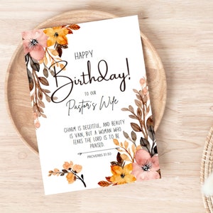 Cartão de aniversário imprimível para a esposa do pastor, cartão de aniversário das escrituras para a esposa dos pastores da igreja, cartão do versículo da Bíblia cristã, download de PDF