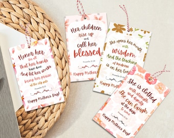 Scripture Mother's Day Gift Tags, 4 Printable Mother's Day Gift Tags, Christian Bible Verse Mothers Day Tags, Church Sunday School, Download