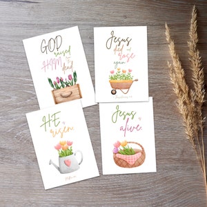 Juego de 4 tarjetas de Pascua con las Sagradas Escrituras, tarjetas imprimibles, tarjetas de felicitación cristianas de Pascua, tarjetas de Pascua con versículos bíblicos, tarjetas de Él ha resucitado, descarga