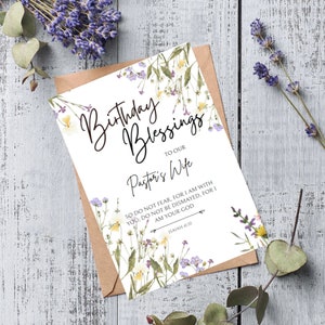 Cartão de aniversário imprimível para a esposa do pastor, cartão de aniversário das escrituras para a esposa dos pastores da igreja, cartão do versículo da Bíblia cristã, download de PDF