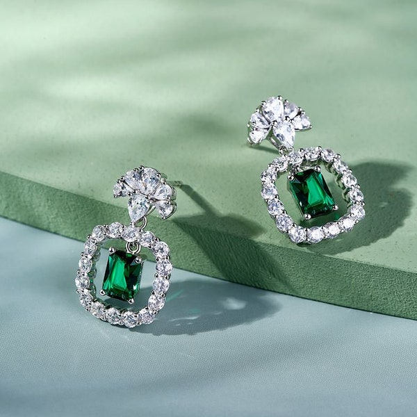 Dangle Earrings, Gorgeous Emerald Earrings, 2.0 Ct Radiant Cut Emerald Earrings, 925 Sterling Silver, Wedding Gifts, Party Wear Earrings