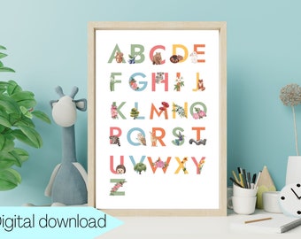 Woodland alphabet Digital Download, Printable, quote, wall art