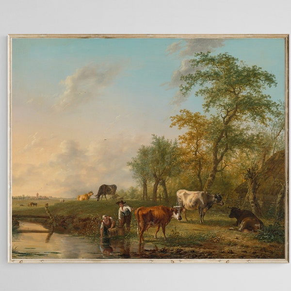 D105 Landscape with cattle | PRINTABLE art | vintage art 1804 | Scene in the countryside with livestock and farmers