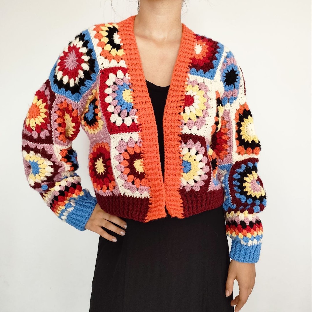 White Granny Square Colored Crochet Cardigan,crochet