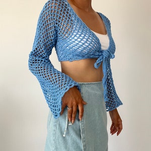 Mesh crop cardigan crochet pattern, long sleeve crop cardigan PDF image 1