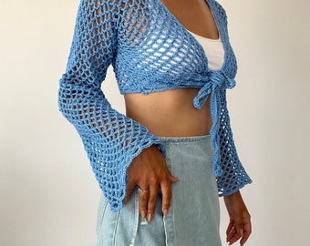 Mesh crop cardigan crochet pattern, long sleeve crop cardigan PDF