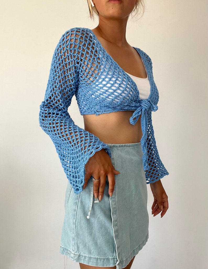 Mesh crop cardigan crochet pattern, long sleeve crop cardigan PDF image 1