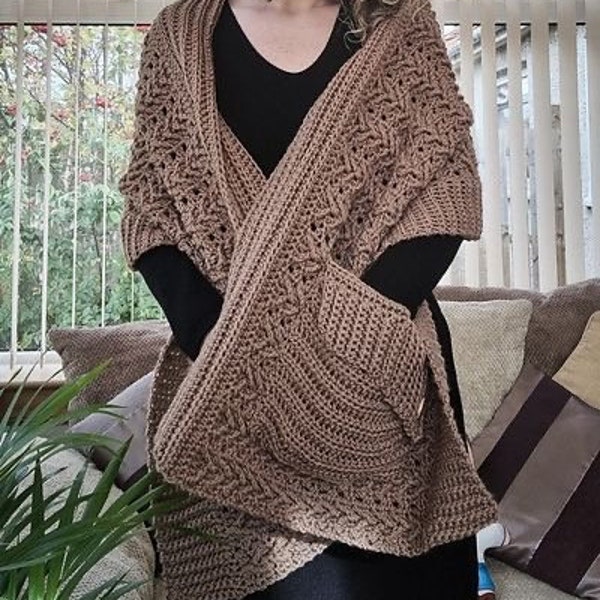 MOTIF de châle avec poche au crochet, motif écharpe pour femme, châle au crochet avec poches, châle bohème au crochet avec franges, PDF