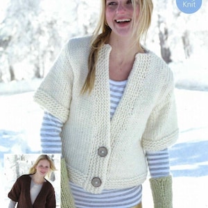 May include: A white knitted cardigan with a V-neck and button closure. The cardigan has short sleeves and is shown being worn by a person with blonde hair. The text "Easy Knit" is visible in the upper right corner of the image.