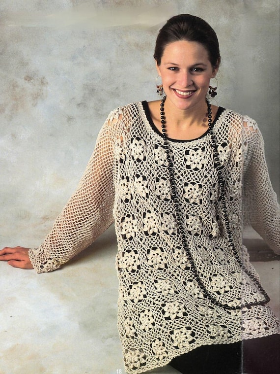Netz-Spitzen-Pullover Tunika Häkelanleitung, Blumen-Pullover
