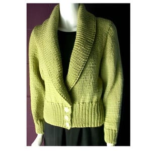 May include: A green knitted cardigan with a wide collar and button closure.