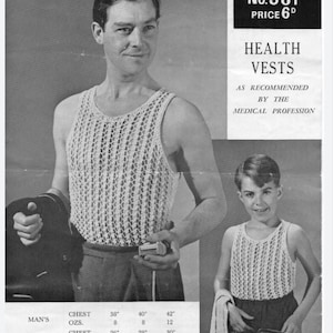 May include: Black and white vintage advertisement featuring two people wearing open-weave health vests. The advertisement includes sizing information for men and boys, with chest measurements in inches and ounces.