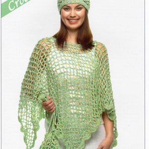 May include: A light green crochet poncho, hat, and bag set. The open weave design features a scalloped edge and a matching hat. The word "Crochet" is printed in a green banner in the upper left corner.