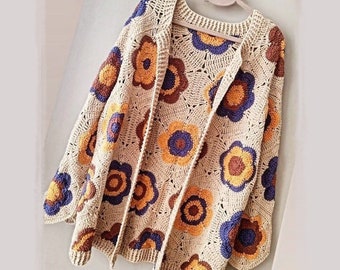 Crochet cardigan pattern,  hexagon cardigan crochet,  granny squares cardigan, daisy flower cardigan , motif cardigan crochet