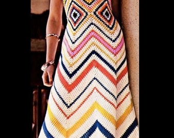 Crochet Dress  pdf Pattern long dress Easy Colorful Chevron Design (PDF Pattern) instant download vintage pattern