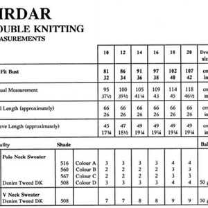 Peut inclure: Un tableau de mesures pour un mod&egrave;le de tricot de pull &agrave; col polo et col en V. Le tableau comprend les tailles 10 &agrave; 20, avec des mesures en pouces et en centim&egrave;tres. Le mod&egrave;le utilise le fil Denim Tweed DK dans les teintes 516, 560, 567 et 508.