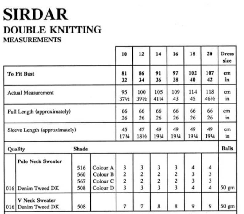 Peut inclure: Un tableau de mesures pour un mod&egrave;le de tricot de pull &agrave; col polo et col en V. Le tableau comprend les tailles 10 &agrave; 20, avec des mesures en pouces et en centim&egrave;tres. Le mod&egrave;le utilise le fil Denim Tweed DK dans les teintes 516, 560, 567 et 508.