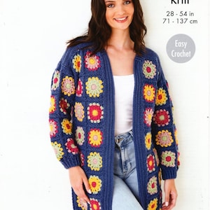 May include: A blue crochet cardigan with a floral pattern. The cardigan is 71-137 cm long and is described as "double knit" and "easy crochet".