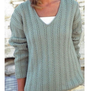 May include: A light green knitted sweater with a V-neck and long sleeves. The sweater has a textured pattern with vertical lines.