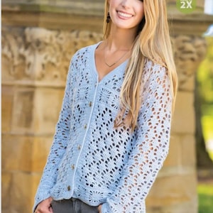 May include: A light blue, open-weave crochet cardigan with long sleeves and a V-neck. The cardigan has a button-up front. The crochet pattern features floral and geometric designs. Sized to 2X.