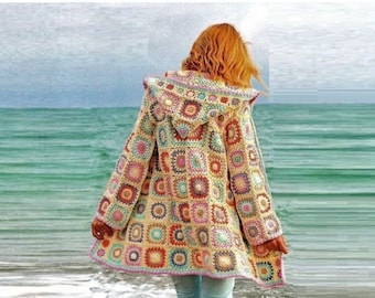 Cardigan crochet pattern  Coat pdf Granny Squares Boho Hoodie Jacket Size S-M- L-XL 2XL-3XL-4XL-5XL Instant Download