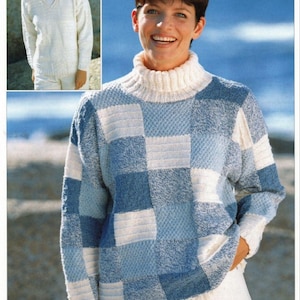 May include: A blue and white checkered sweater with a turtleneck. The sweater is made of a soft, textured yarn.
