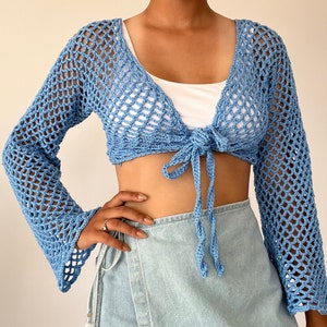 Mesh crop cardigan crochet pattern, long sleeve crop cardigan PDF image 4