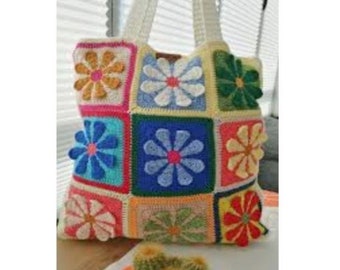 Bolso de crochet, bolso cuadrado de la abuela, bolso de margaritas de crochet, patrón tote de crochet, bolso de flores de crochet