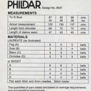 Pu&ograve; includere: Un modello di maglia PHILDAR, design numero 9031, con misure in centimetri e pollici. Dettaglia le quantit&agrave; di filato in gomitoli e le dimensioni degli aghi necessarie. Il modello &egrave; per un capo a maglia.