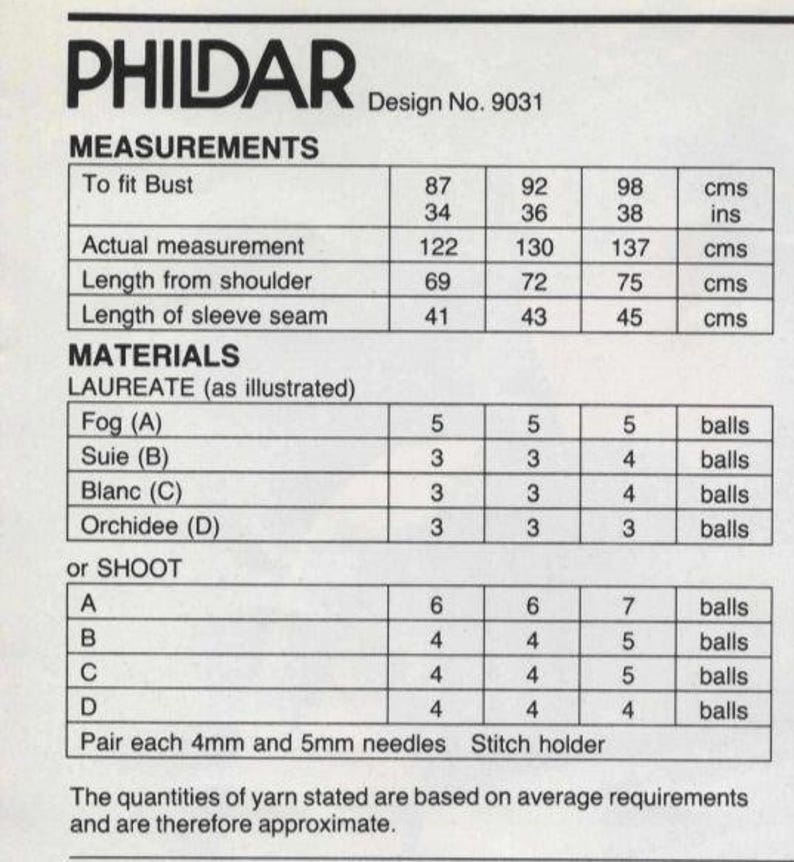 Pu&ograve; includere: Un modello di maglia PHILDAR, design numero 9031, con misure in centimetri e pollici. Dettaglia le quantit&agrave; di filato in gomitoli e le dimensioni degli aghi necessarie. Il modello &egrave; per un capo a maglia.
