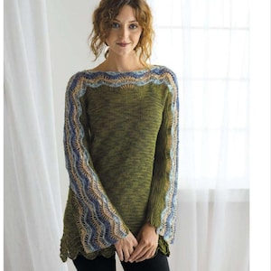 May include: A green sweater with blue and beige trim around the neckline and sleeves. The sweater has a relaxed fit and a slightly longer length.