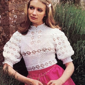 Lacy Crochet Blouse/top With Puff Sleeves + Stand-up Collar
