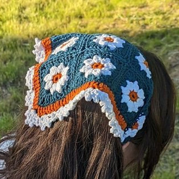 Crochet bandana,  bandana crochet, easy crochet bandana,  daisy bandana, beginner pattern PDF