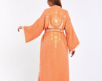 Cotton Kimono Robe, Handmade Evil Eye Boho Kimono, Ethnic Kimono, Boho Festival Kimono, Beachwear Cover up, Muslin Kimono, Morning Robe