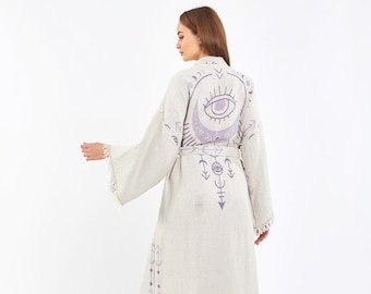 Kimono i bomull, kimono med onda ögat, etnisk kimono, bohemisk festivalkimono, strandklänning, badrock, morgonrock, morgonrock, strandkläder