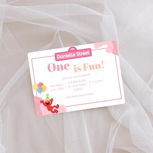 1r carte d'anniversaire rose inspirée d'Elmo | Invitation d'anniversaire modifiable Seasme | fête d'anniversaire fille Elmo | Anniversaire de sésame pour tous les âges