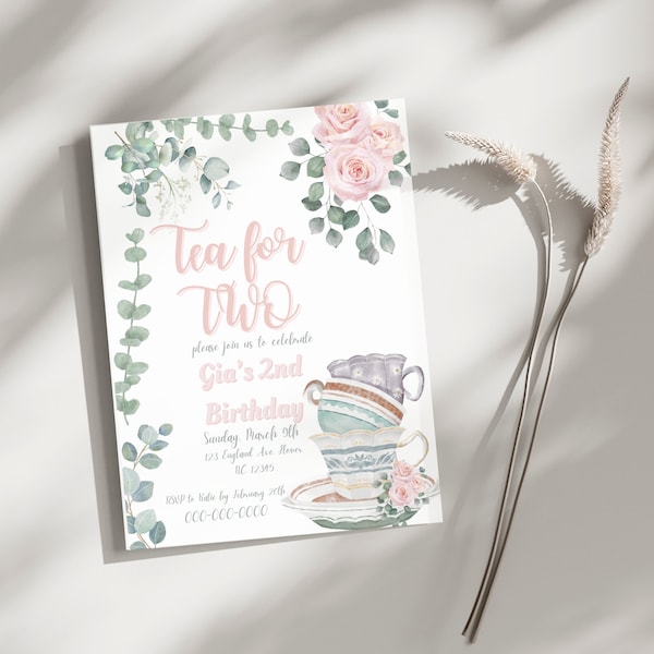 Tea for Two birthday invitation, editable girl tea party theme second birthday invitation, floral girl birthday