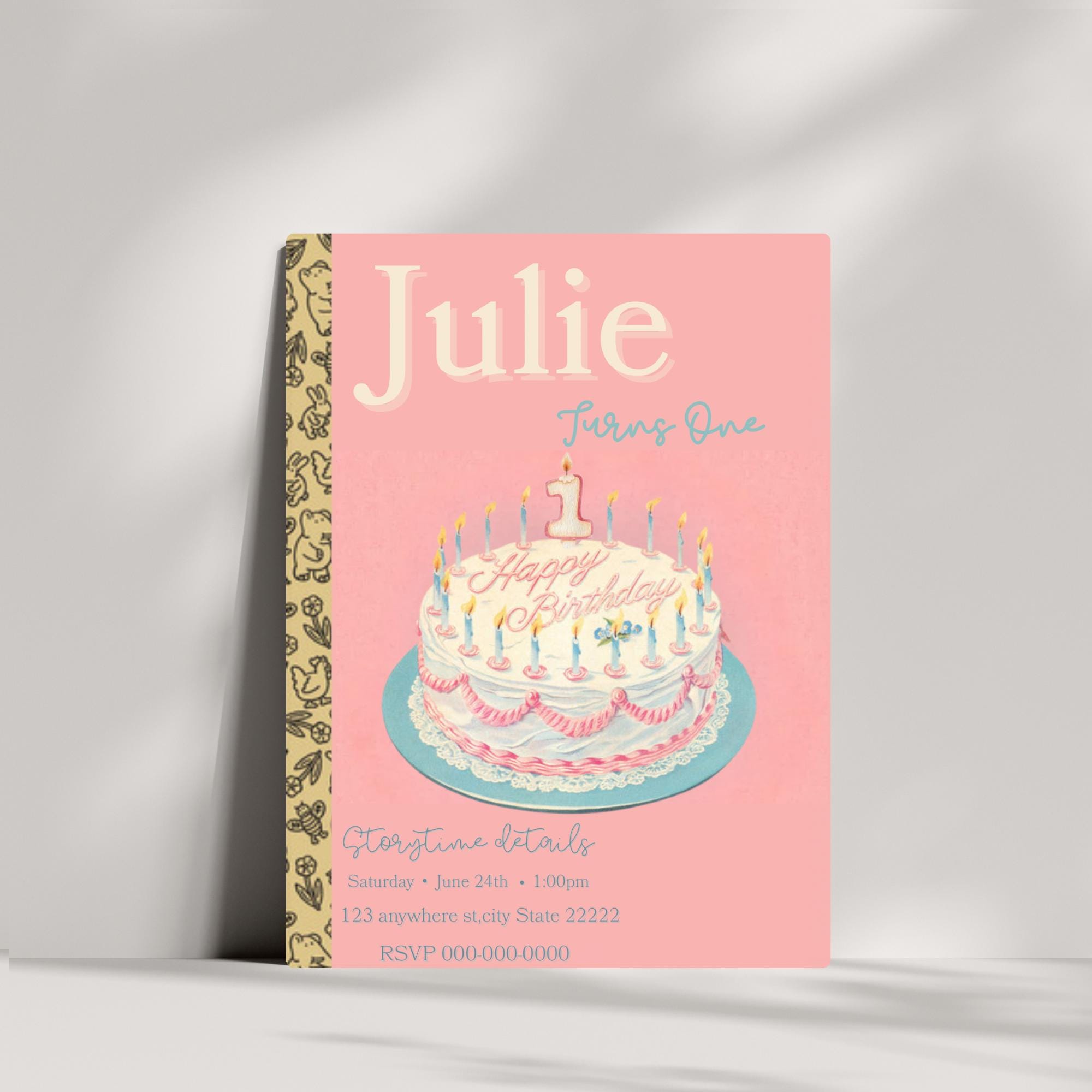 Pink Little Golden Book Birthday Invitation I storybook birthday invite |  Editable canva invite I Grandmillenial Birthday | chapter one