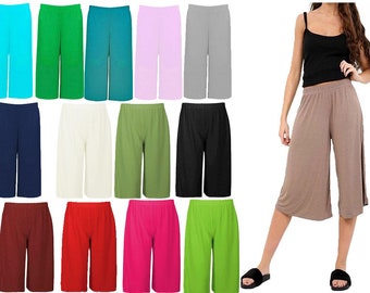 Womens 3/4 Elasticated Culottes Ladies Wide Leg Stretch Shorts Palazzo Plus Size