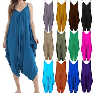 May include: A collection of 12 loose-fitting, sleeveless jumpsuits in various colors, including blue, green, purple, orange, brown, and gray. The jumpsuits have a wide-leg, baggy style and a V-neck.