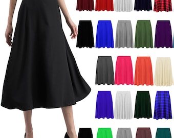New Women' Ladies High Waist Band Stretch Swing Flared Midi Skater Skirt