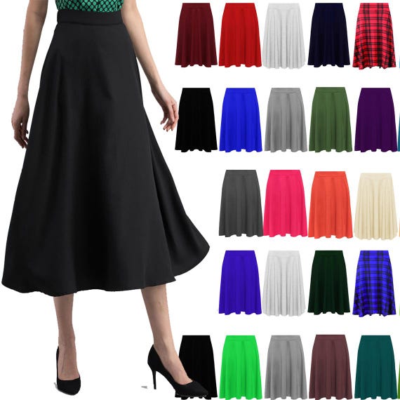 New Women Ladies High Waist Band Stretch Swing Flared Midi Skater Skirt