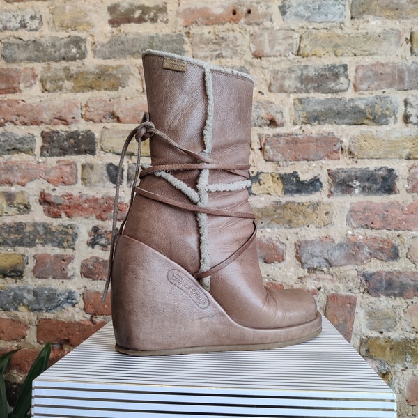 Y2K Destroy light brown tan high platform wedge heel leather ankle boots size EU 38 UK 5.