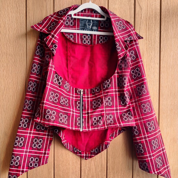 Discontinued red reflective tartan Cyberdog Vamp underbust zip jacket tailcoat size L