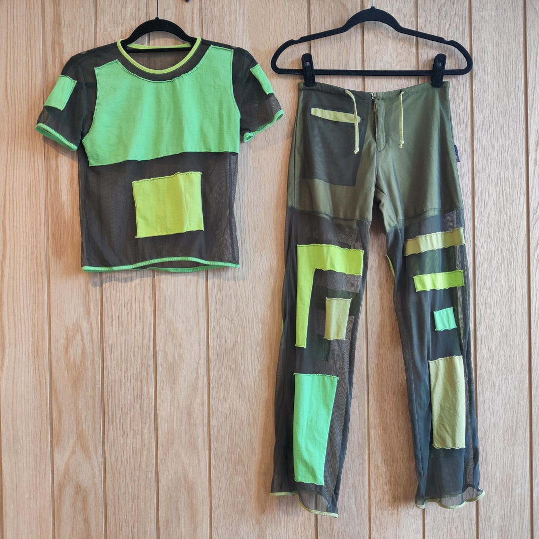 Patchwork Rave Vintage Y2K Pygmees Green Mesh Patchwork Cyber Rave Festival Boho Co ...