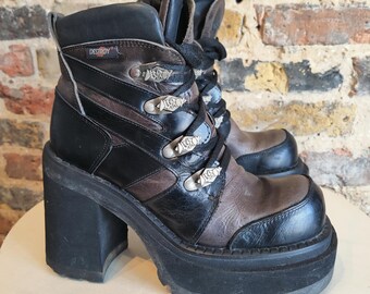 00s archive black boots y2k grunge ハラコ Vintage 90s Y2K Destroy Platform Block Heel Black Brown Leather