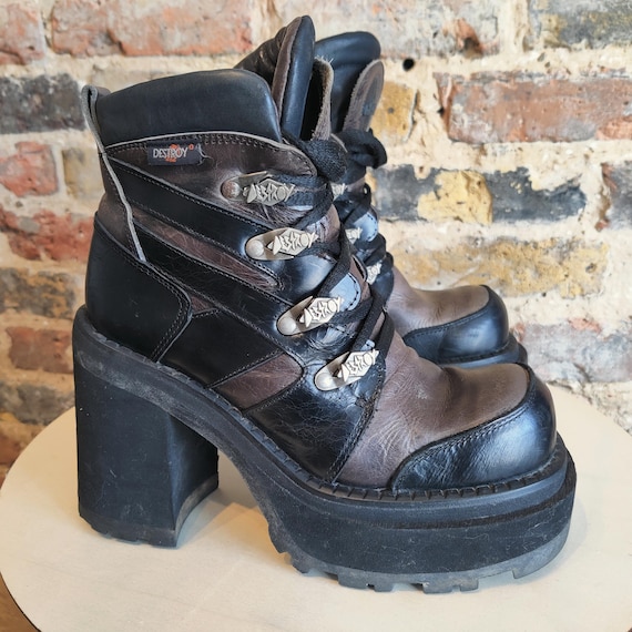 Vintage 90s Y2K Destroy Platform Block Heel Black Brown Leather