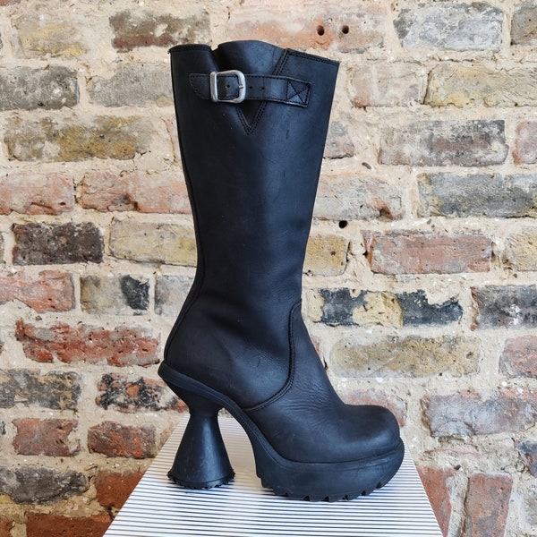 Shelly's vintage Y2K black leather platform cone heel cyber goth industrial knee boots
