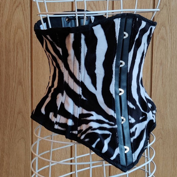 RARE 1990s Velda Lauder Designs black white faux zebra fur and faux leather tightlacing steel boned underbust waist cincher waspie corset